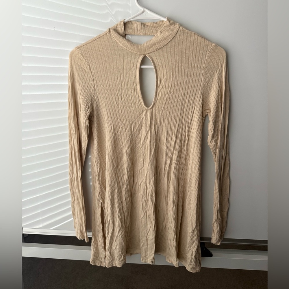 Tan Ribbed Cut Out Top with Mandarin Collar